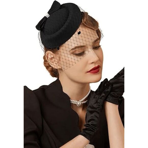 🖤 Pinup Accessory 1950s Retro Vintage Fascinator Black Pillbox Pearl Veil Hat - Picture 10 of 13